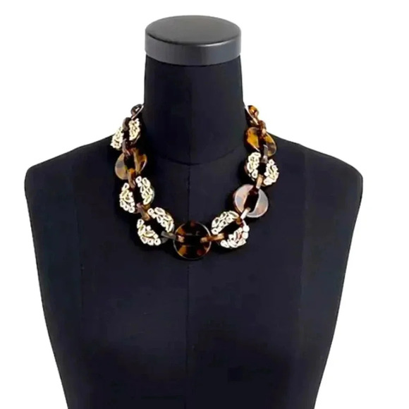 NWT J. Crew Tortoise And Rhinestone/Crystal Link Adjustable Statement Necklace - Picture 2 of 8